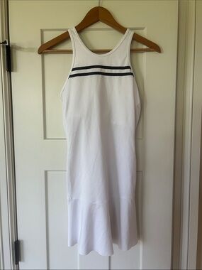 White Sleeveless Midi Dress with Navy Stripe